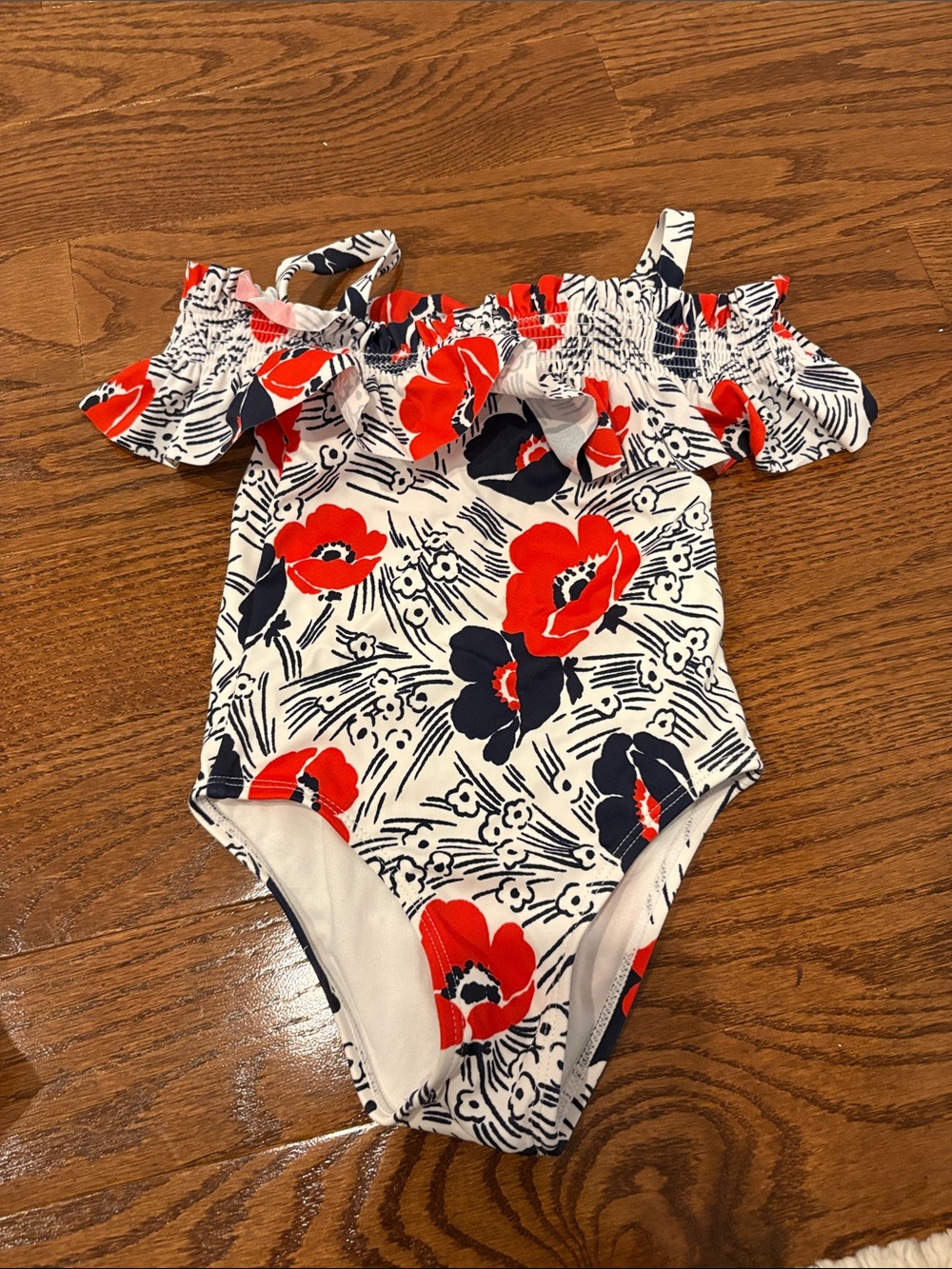 Janie and Jack Girl's Off-Shoulder Floral One-Piece Swimsuit - Red & Navy Floral